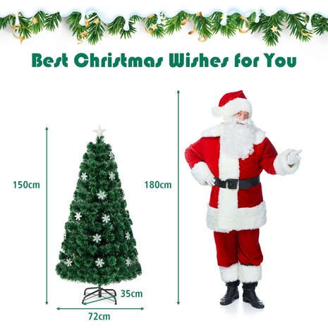 Kerstboom groen - 150 cm - LED - Kunstkerstboom met Glasvezel Kleurwisselaar - en LED Sneeuwvlokken