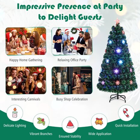 Kerstboom groen - 150 cm - LED - Kunstkerstboom met Glasvezel Kleurwisselaar - en LED Sneeuwvlokken