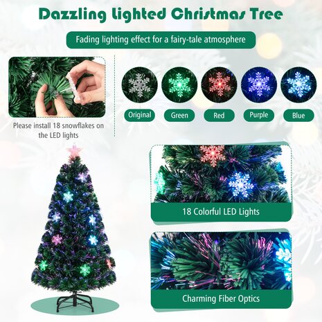 Kerstboom groen - 120 cm - LED - Kunstkerstboom met Glasvezel Kleurwisselaar - en LED Sneeuwvlokken
