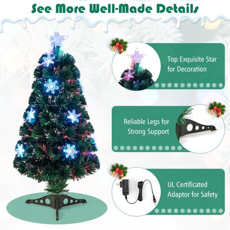 Kerstboom groen - 90 cm - LED - Kunstkerstboom met Glasvezel Kleurwisselaar - en LED Sneeuwvlokken